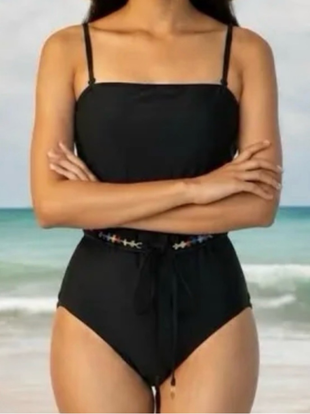 Bebe Black One-Piece Swimsuit with colorful gems Waist Tie Detail, NWT, M